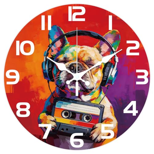 CONCHLERY Divertente orologio da parete con bulldog francesi, 30,5 cm, senza ticchettio, rotondo, da appendere alla parete, per camera da letto, soggiorno, cucina, ufficio