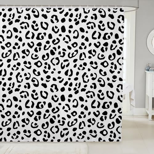 Image of Black and White Bath Curtain Leopard Print Shower Curtain for Kids Boys Girls Teens Decor Africa Cheetah Print Shower Curtain with Hooks Safari Animal Skin Waterproof Fabric Bathroom Decor 72x78 Inch