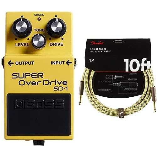 Pédale Overdrive BOSS SD-1 compacte et son câble d'instrument Fender Deluxe en tweed