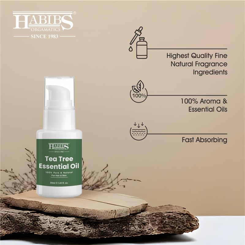 Image of Habibs Pure Tea Tree Essential Oil for Acne, Skin & Hair 100% Undiluted, Therapeutic Grade 30ML