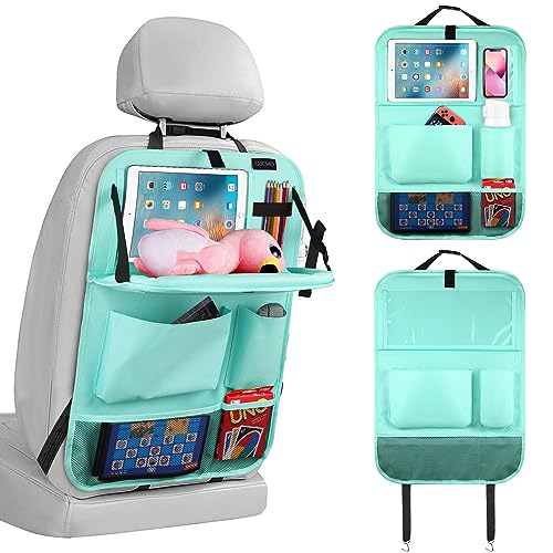 LUCMO Auto-Rücksitz-Organizer mit Tablet-Halterung, 6 Aufbewahrungstaschen, Auto-Aufbewahrungs-Organizer mit faltbarem Futtertablett, Autositz-Rückenlehnenschutz, Trittmatten, Reisezubehör, Blau