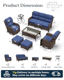 HILLGA Luxury Patio Furniture Set with 6-inch Thick Cushion, Outdoor Couch and High Back Swivel Rocker Patio Chairs, 7PCS Wicker Conversation Set for Deck Yard and Poolside, Blue (V2)