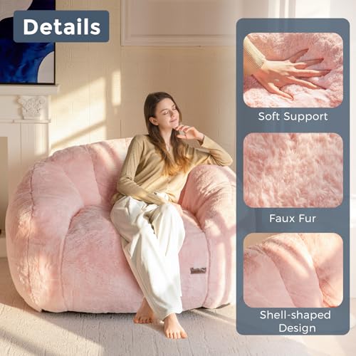 Image of MAXYOYO Giant Bean Bag Chair, Oversized Bean Bag Couch for Adults and Kids, Faux Fur Shell-Shaped Large Chair with Filler, Stuffed Big Accent Sofa Lounge Floor Sofa for Gaming, Reading, Pink