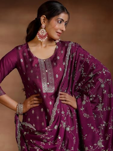 Image of Libas Womens Woven Design Silk Blend Straight Kurta With Trousers and Dupatta | daily wear suit