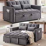 53' Sleeper Sofa, 3 in 1 Convertible Sofa Bed & Pull Out Couch, Modern Velvet Loveseat with Adjustable Backrest, Side Storage Pocket & 2 Pillows for Apartment Living Room, Grey