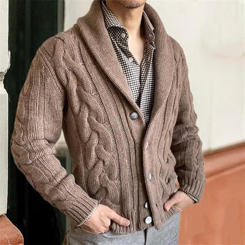 Men's Cable Knit Cardigan Sweater Fall Winter Shawl Collar Long Sleeve Buttons Down Sweaters 5