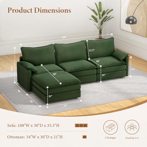 Image of Vesgantti 108 inch Modular Sectional Sofa, Comfy Cloud Couch with Movable Ottoman Deep Seat Chenille L Shaped Modular Sofa, Sectional Couches for Living Room, Bedroom and Apartment, Green