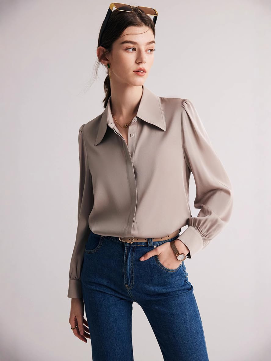 Camisa de Seda Color Crema con Botones para Mujer