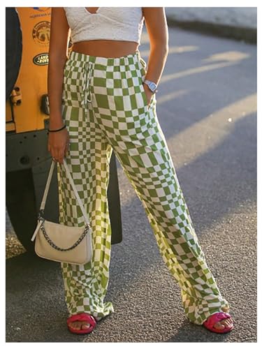 OYOANGLE Women's Plaid Drawstring Waist Pants Straight Leg Casual Trousers with Pocket3