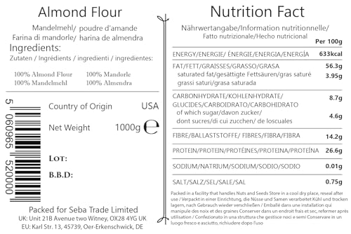 Seba Garden Mandelmehl Extra Fein Blanchiert, 1 kg wiederverschließbar, aus Kalifornien