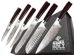 Messerset Damaskus, Damast 67 Lagen, 6- teilig, Premium Damastmuster "Raindrop", echtes Damaszener Stahl, Spitze Härte 60±2 HRC, Grifffarbe schwarze Walnuss, Damast Küchenmesser, extrem scharf