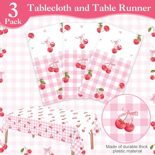 Image of Ganeen 3 Pcs Cherry Birthday Decorations Pink Bows Cherry Tablecloths Disposable Plastic Gingham Rectangle Table Cover Waterproof for Birthday Baby Shower Wedding Party Supplies, 54 x 108 Inch