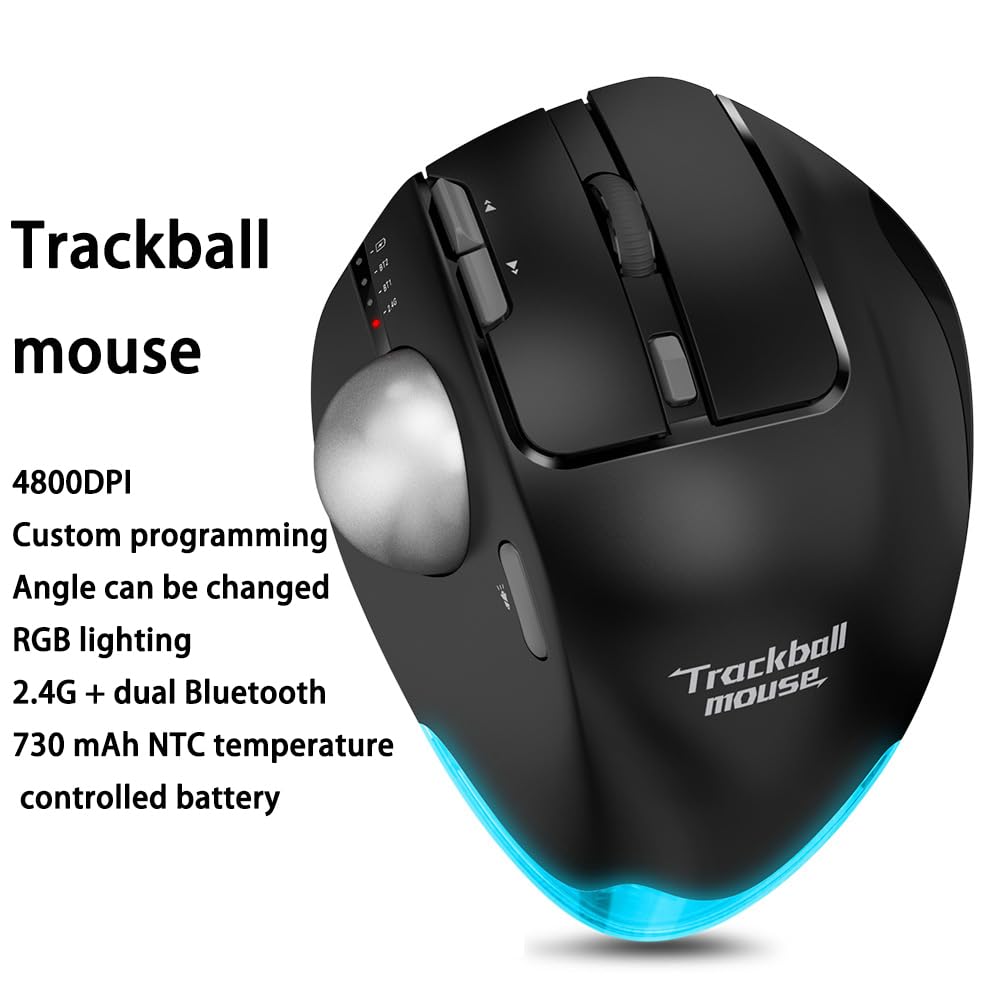 Mouse Trackball Wireless, Mouse Ergonomico Wireless con Bluetooth 2.4G, Ricaricabile Mouse per PC, Mac, Windows, Controllo Pollice, con Luci Colorate RGB Pulsanti Programmabili Trasformazione Nero