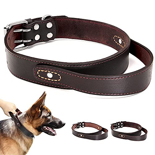 Pet Artist Genuine Leather Dog Collar Walking & Training Heavy Duty Dog Collar Handle Medium & Large Dogs Neck For 16-20.5''(1.1" Width) #TOP2