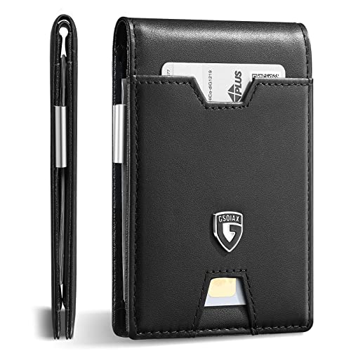 GSOIAX Men's Slim RFID Blocking Leather Wallet with Money Clip Minimalist Carbon Fiber Bifold Credit Card Holder 11 Card Slots Gift Box Included(A-Leather Blcak)