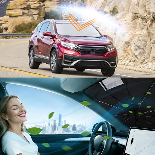 Image of Windshield Sun Shade Umbrella for 2017-2022 Honda CRV CR-V | Full covered for windshield, Block UV Rays, Heat Reduction, Easy to install, Durable & Fold Up Small