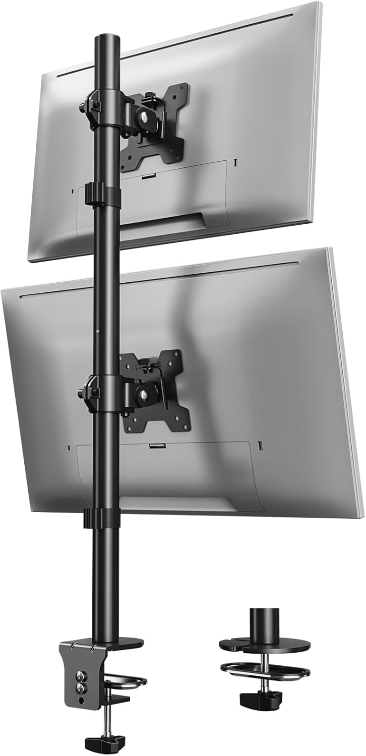 Vertical Dual Monitor Stand for 2 Max 32 inch Stack Screen Monitors, Stacked Monitor Mount with Swivel, Tilt, Height Adjustable, Computer Monitor Arm Holds up to 17.6 lbs Each