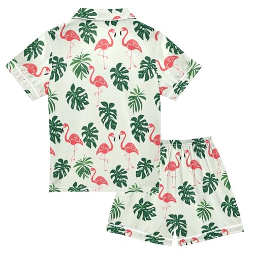 Flamingo and Monster Leaves Summer Satin Pajama Set, Cute Button-Down Sleepwear Pj Set for Sleep Wears2