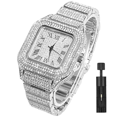 Apzzic Diamond Watch Iced Out CZ Fashion Delicate Cuban Link Watch Square Dial Quartz Wristband Analog Wrist Watch for Men Women Silver Color AZWT02-SNA