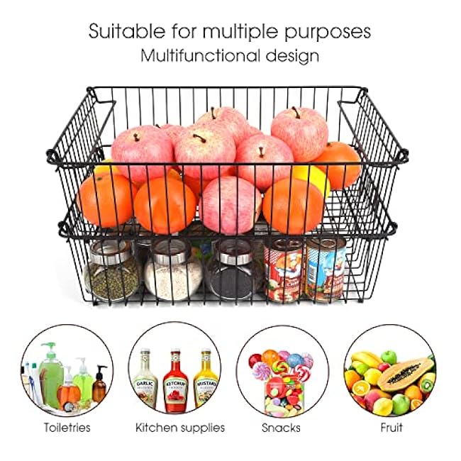 Set of 2 Stackable XXL Wire Baskets For Pantry Storage and Organization -16x12in Large Metal Food Baskets - Pantry Storage Bins With Handles (Black, XXL)