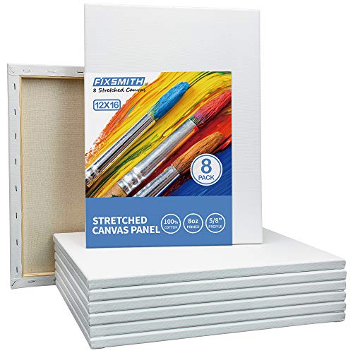 Image of FIXSMITH Stretched White Blank Canvas - 12 x 16 Inch, Bulk Pack of 8, Primed, 100% Cotton, 5 /8 Inch Profile of Super Value Pack for Acrylics,Oils & Other Painting Media.