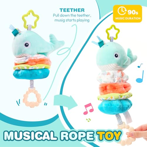 Image of Jollybaby Baby Musical Pull String Hanging Toy for Stroller Car Seat Crib Play Gym, Plush Stuffed Whale Toy for Carseat with Music Teether Crinkle Paper, Sensory Toy for 0-6-12-18 Months Baby Gift