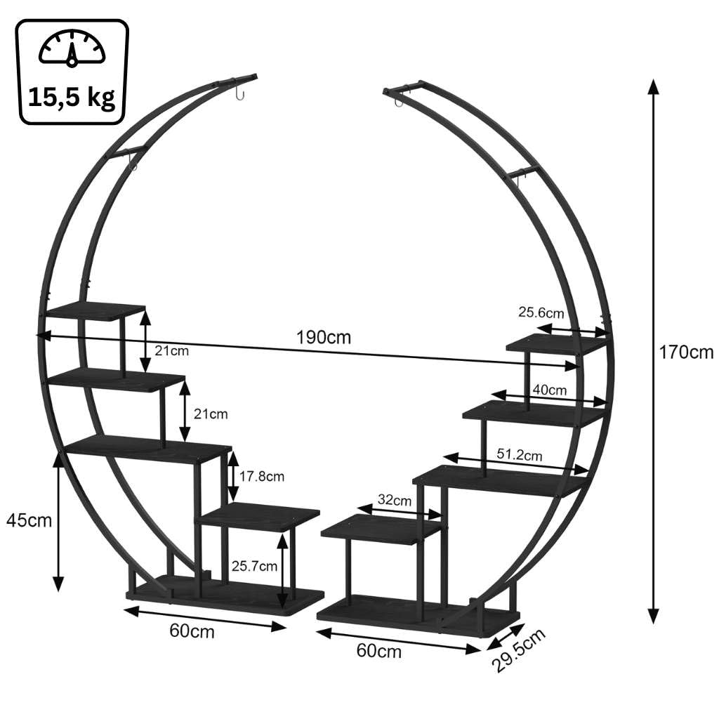 DanDiBo Blumenregal Indoor 170 cm Hoch Metall Schwarz Rund 96586 Blumentreppe Groß Halbrund Pflanzenständer Modern Design