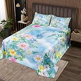 feelingyou Boho Blumen Bettdecke L Größe Bunte Daisy hübsche Blumen Bettwäsche Set für Erwachsene Teens Grüne Blätter Pflanze Blauer Himmel Coverlet