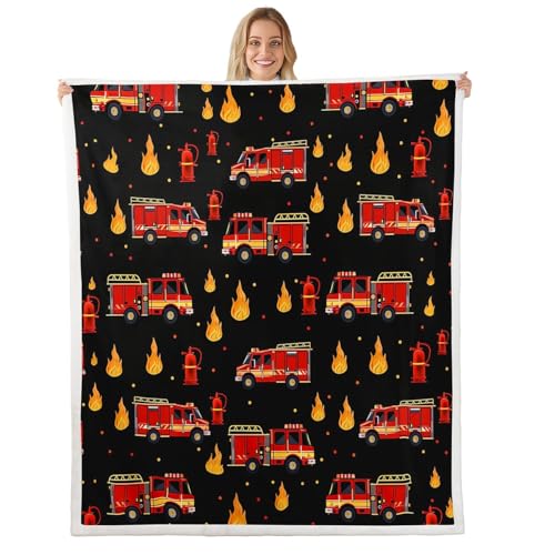 Homewish Couverture 130x150cm Enfant Camion de Pompiers,Plaid Canape Garçons Noir et Rouge,Couverture Polaire La Voiture de Pompiers Rouge de Dessin Animé de...