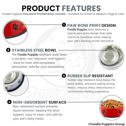 Image of Foodie Puppies Stainless Steel Dog Bowl Combo - (Medium, 700ml) Food and Water Feeding Gift Bowl | Suitable for Dogs, Cats and Other Pets I Paw Bone Print, Anti-Skid Rubber Base (White + Red)