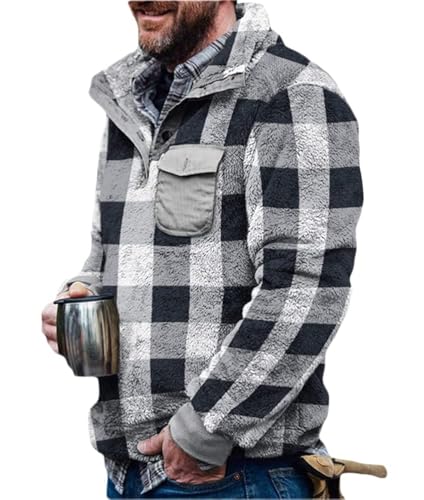 Generisch Chaqueta de lana de doble cara para hombre con bolsillos, abrigo de felpa cálido, sudadera con capucha, chaqueta de felpa para hombre, piel sintética, chaqueta de lana de doble cara, Grid