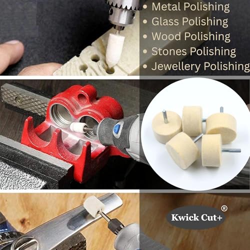 Image of KWICK CUT+ 50x25mm 5 PCS Felt Polishing Spindle Wheel 6mm Shank | Wool Buffing Pads Kit for Dremel, Grinder, Drill | High-Density Wheels for Metal, Jewelry, Glass & Wood Finishing | Mirror Finishing