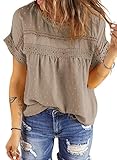 Dokotoo Womens Tops Summer Blouses and Tops Dressy Casual Crewneck Crochet Lace Short Sleeve Shirt Stylish Pom Pom Babydoll Blouse Elegant Solid Shirts Top for Teen Girls Khaki M