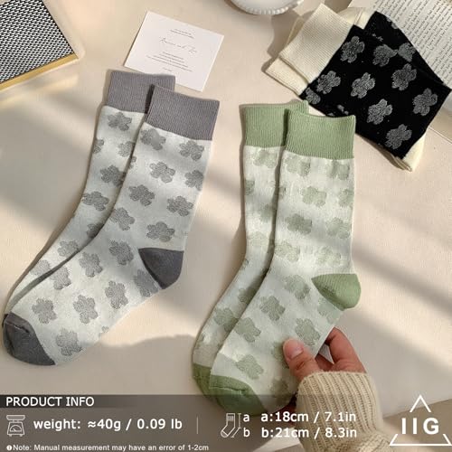 Image of IIG 3-5 Pairs Womens Vintage Cozy Crew Socks Soft Cute Neutral Cotton Socks Exquisite Patterns Socks Gift