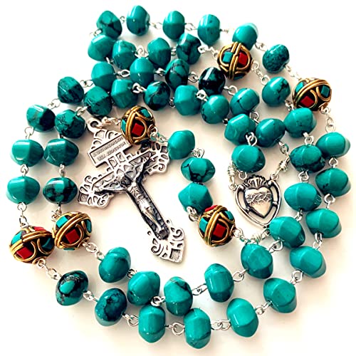 elegantmedical Turquoise TIBET COPPER BEADS STERLING 925 SILVER ROSARY NECKLACE Catholic