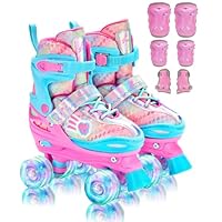 Roller Skates for Girls, Roller Skates 4-Size Adjustable with 6 Protective Gear Set, 8 Light Up Wheels Kids Roller Skate for Toddler Girls Youth Beginner, Ideal Christmas Birthday Gift