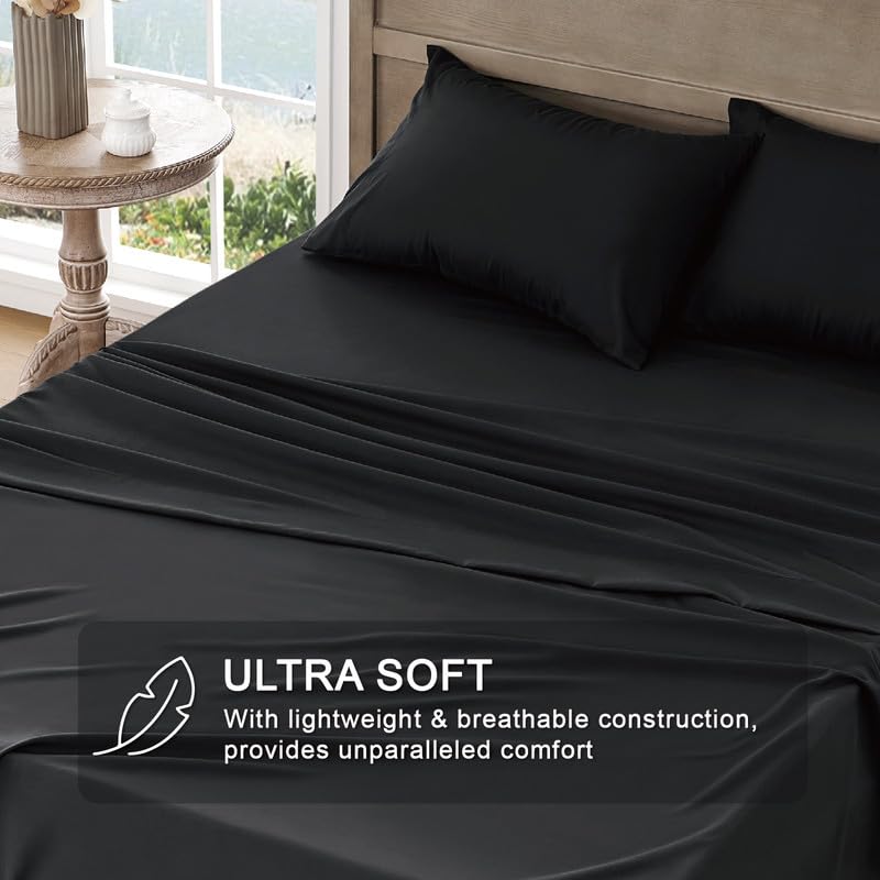 Image of FreshCulture Twin Bed Sheets - Ultra Soft Sheets for Twin Bed - Brushed Microfiber - Deep Pockets - Easy Care - Cooling & Breathable Sheets - Hotel Quality 3 Piece Sheet Set (Black)