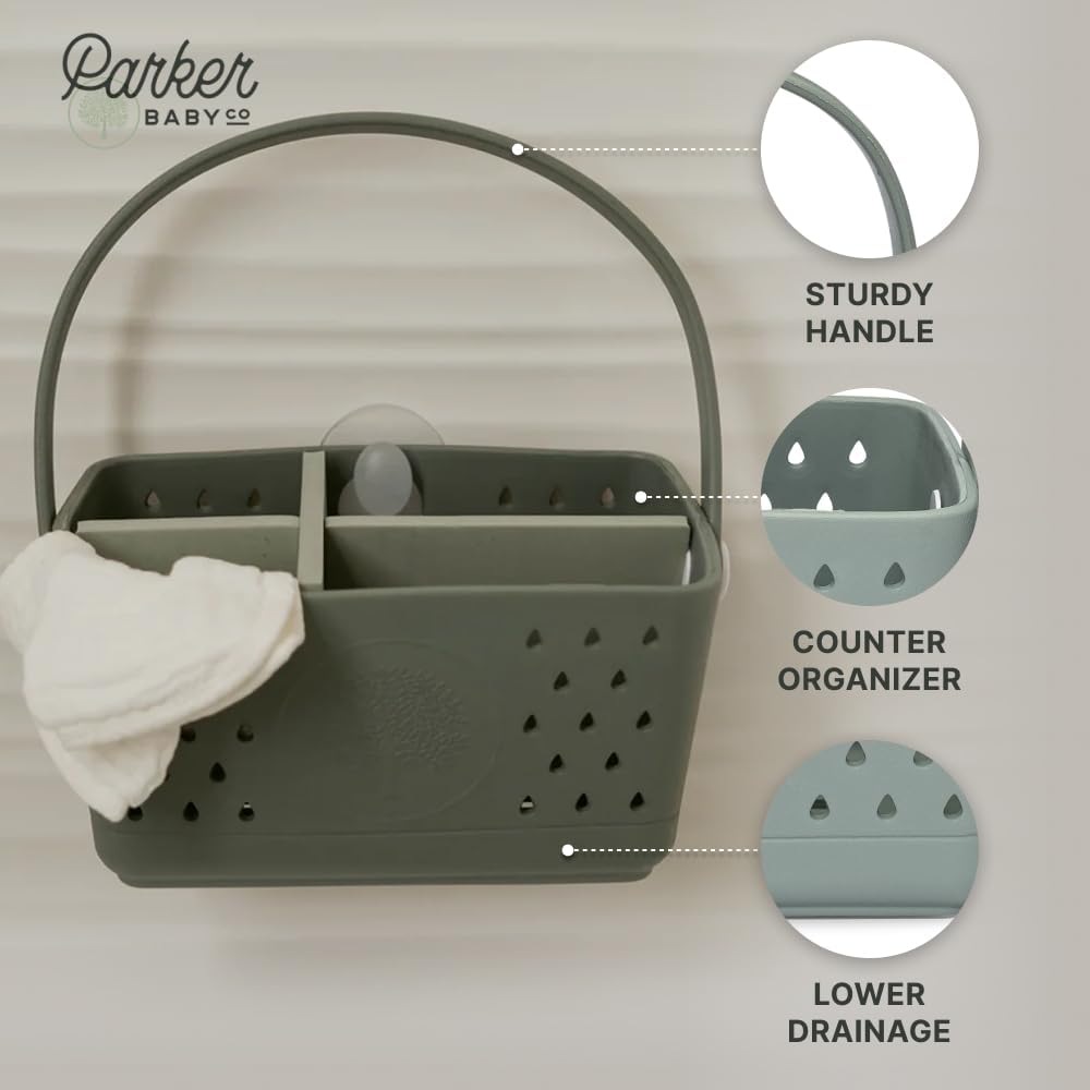 Parker Baby Bath Caddy | BPA Free & Food Grade Shower Caddy Organizer for Toys & Supplies | Quick-Dry, Sturdy & Perfect Size Shower Basket w/Handle in Neutral Colors
