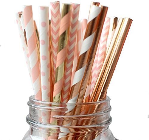 IPALMAY 150 Pieces Rose Gold and Pink Biodegradable Drinking Paper Straws, Striped Polka Dot Chevron, 7.75 Inches