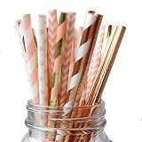 IPALMAY 150 Pieces Rose Gold and Pink Biodegradable Drinking Paper Straws, Striped Polka Dot Chevron