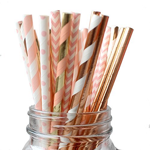 Ipalmay 150 Pieces Rose Gold And Pink Biodegradable Drinking Paper Straws, Striped Polka Dot Chevron, 7.75 Inches #TOP8