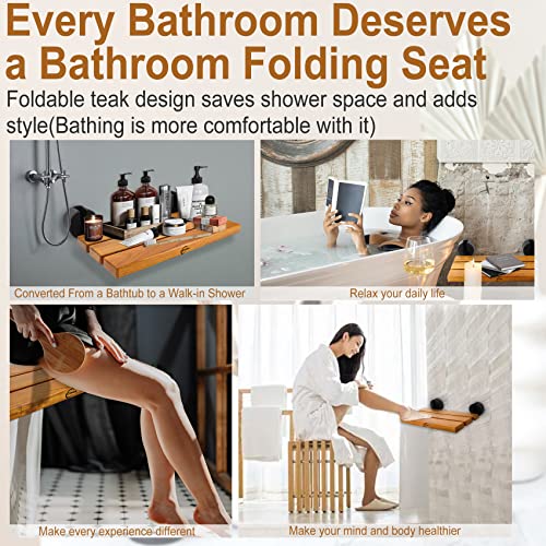 20" Folding Teak Shower Seat Wall Mounted,Fold Down Shower Seat,Foldable Shower Bench,Home Care Teak Shower Seat Bench For Inside Shower,Folding Shower Seat Bench,Wall Mount Shower Seat Bench Chair #TOP1