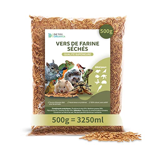 vers de Farine Séchés [500g = 3250ml - Qualité Premium ] Friandise pour Oiseaux, Hérissons, Tortues, Reptiles, Poissons, Rongeurs -Animaux Sauvages + Compagnie - 100% Naturel et sans additifs Cover