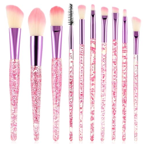 10Pcs Pink Glitter Crystal Makeup Brush Set Sparkly Professional Face Makeup Brushes for Foundation, Concealer, Eye Shadow, Blush, Lip