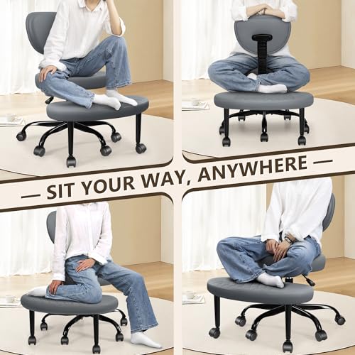Ergonomic Cross Legged Office Chair with Wheels - Adjustable Height for Meditation, ADHD Desk & Yoga - Wide Criss Cross Design with Lumbar Support, Kneeling Chair - Dark Gray