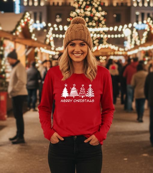 Christmas Tree Shirts for Women Merry and Bright Long Sleeve Shirt Xmas Graphic Vacation Gift Blouse Tee Tops - Image 5
