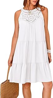 Odizli Summer Dress Women's Summer Sleeveless Halterneck Boho Lace A Line Knee-Length Tunic Dress