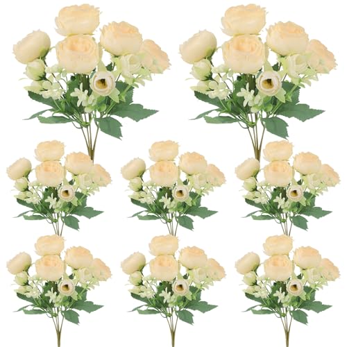 Image of 8 Pack Champagne Peonies Artificial Flowers, Cream Fake Silk Hydrangea Bouquet for Bridal Wedding Home Table Decor Reusable Dining Opening Ceremony Birthday Arrangement Faux Floral