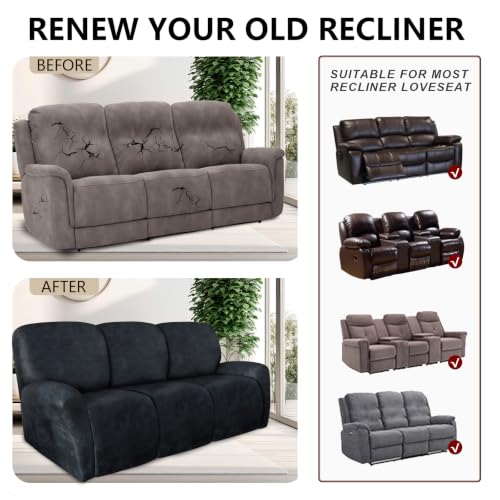 Image of ANARACHON Leather Look Recliner Couch Cover 8-Piece Recliner Sofa Slipcovers 3 Seater for Reclining Couches Furniture Protector Spandex Fabric Washable (Recliner Sofa, 02Navy Blue)