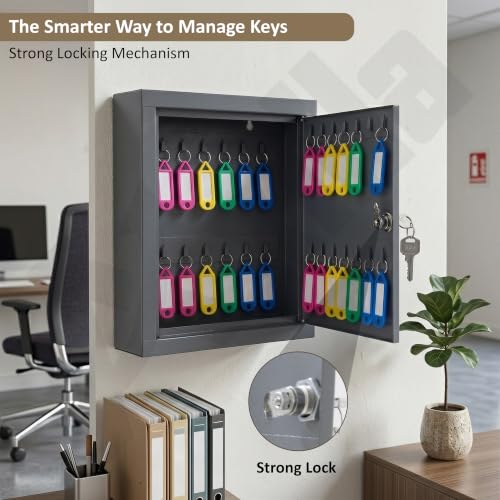 Image of Key Holder Box with 28 Hooks | GI Steel Lockable Key Cabinet for Wall Mount | Key Storage Box with Lock & Key for Home, Office, Hotel, Shop & School (Grey)